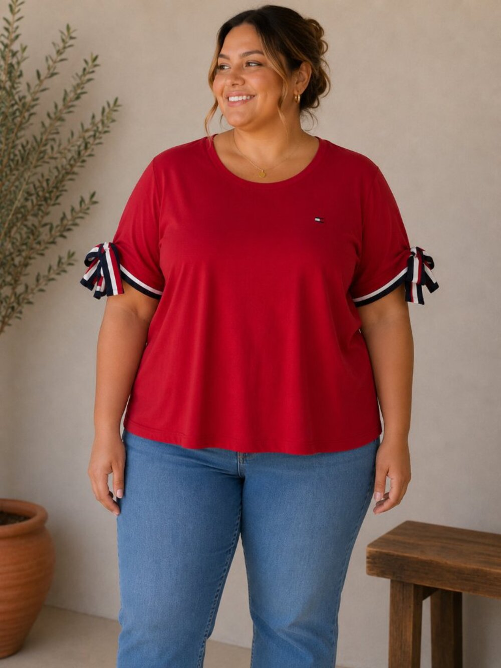 Tommy Hilfiger Red Tee with Striped Sleeve Detail